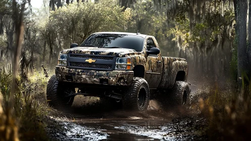 Lifted camouflage pickup powers through muddy forest water track