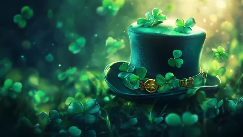 Emerald top hat rests among glowing clovers in dusk light