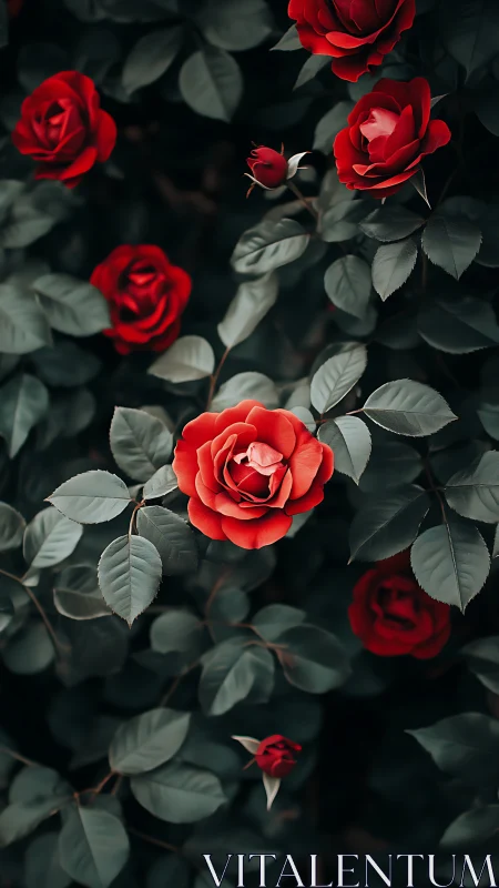 Red Roses in Dark Garden Light.