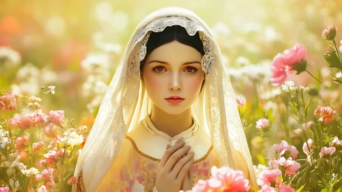 Soft light surrounds a serene veiled woman in spring blooms