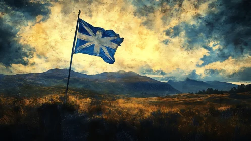 Scottish flag billows over moody highland landscape at dusk.