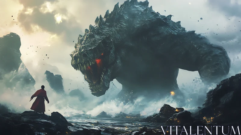 Solitary cloaked figure confronting colossal lava-scaled leviathan