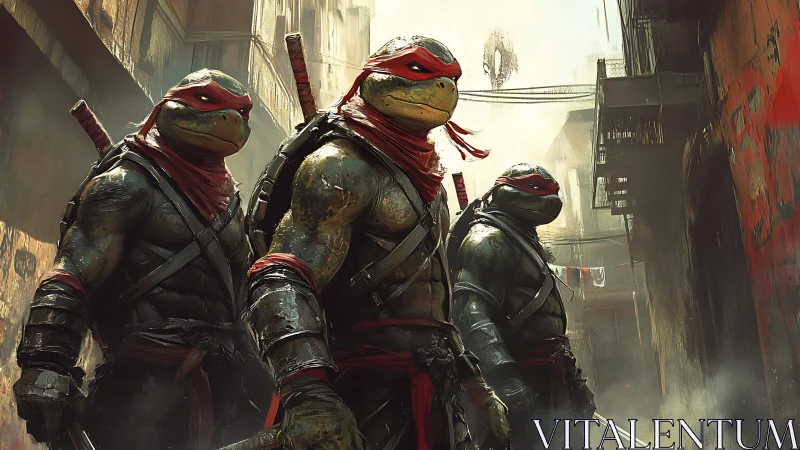 3D urban mutant warriors in cinematic alleyway composition.