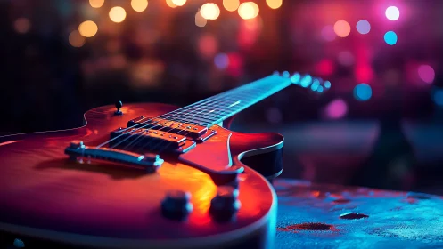Electric guitar on stage in neon concert bokeh glow.