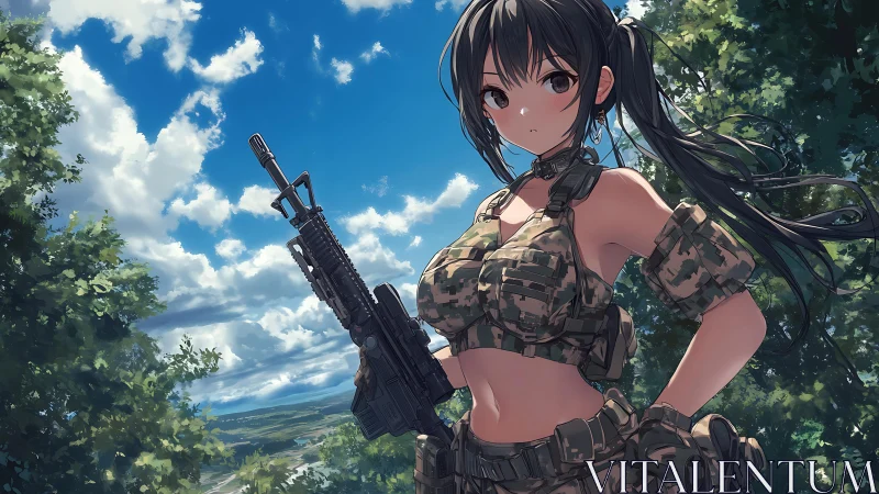 Camouflage clad soldier holds rifle under partially cloudy sky