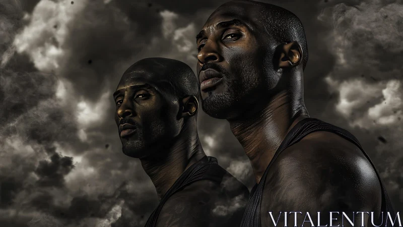 Strong twin portraits stand tall against dramatic storm clouds
