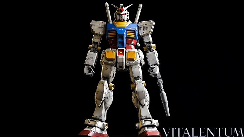 Colorful heroic mecha standing proud against deep black.