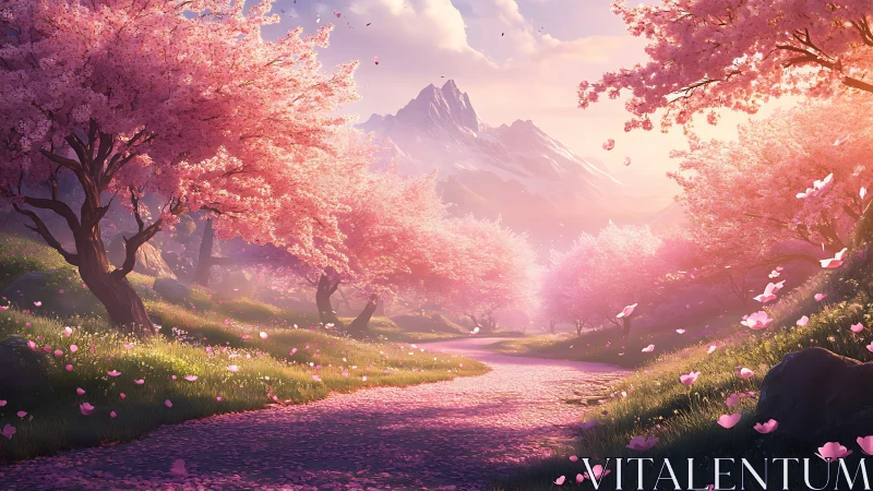 Petal River under cotton-candy blossoms at rosy dawn.