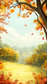 Golden autumn meadow under dancing leaves and soft sky.