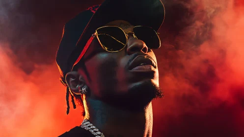 Photorealistic hip-hop portrait in cinematic red backlight.