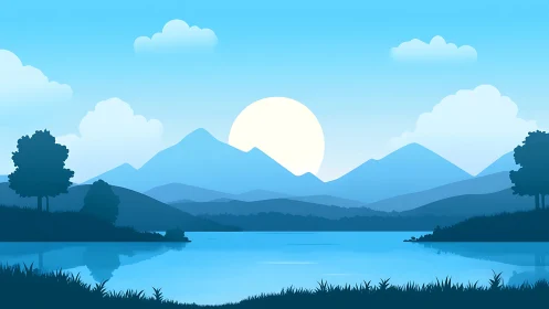 Serene blue sunrise over layered mountains and lake panorama.