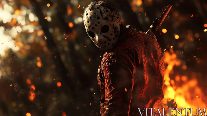 Masked killer in burning forest with cinematic depth of field