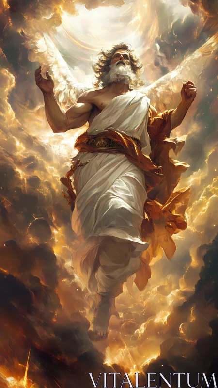 Radiant winged guardian rising through glowing storm clouds.