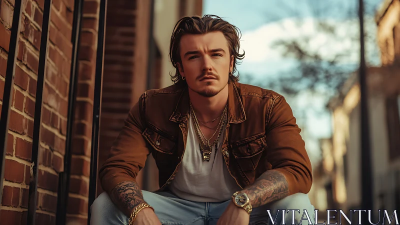 Urban portrait of tattooed man in golden hour street light.