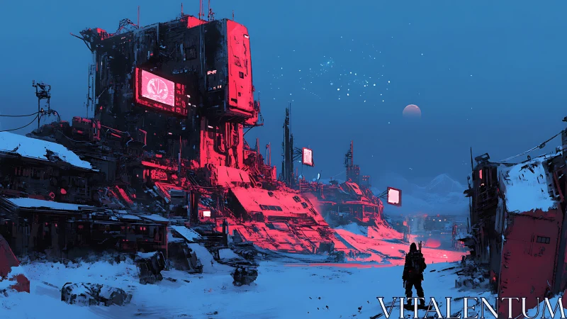 Snow-covered industrial complex emits red light at twilight