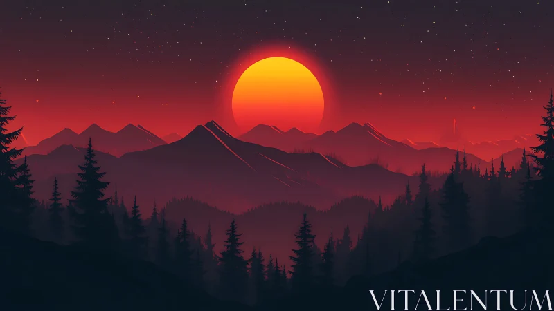 Digital painting sunset over layered conifer mountainscape.