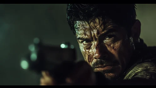 Close-up shot shows armed, sweat-covered man aiming weapon