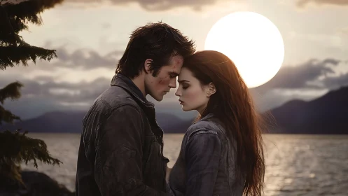 Couple shares intimate moment beneath full moon at twilight.