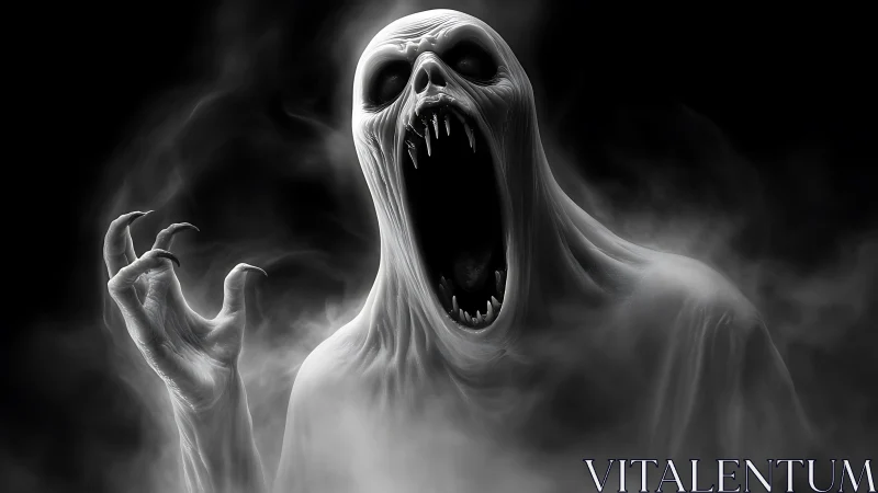 Spectral wraith screams amid swirling monochrome fog.