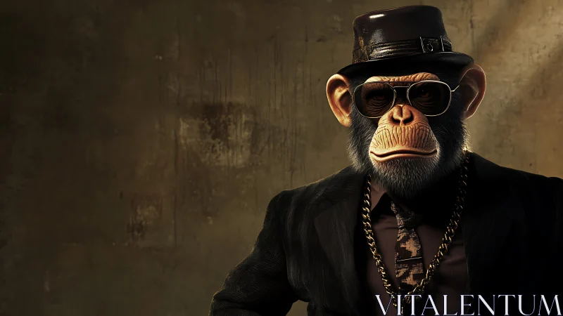 Stylish chimpanzee kingpin wears suit, hat, and gold chain.