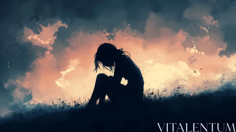 Silhouetted girl sitting alone against glowing sky.