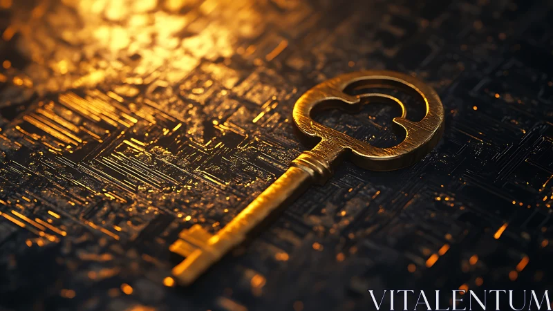 Golden key rendered on reflective circuit surface under warm light