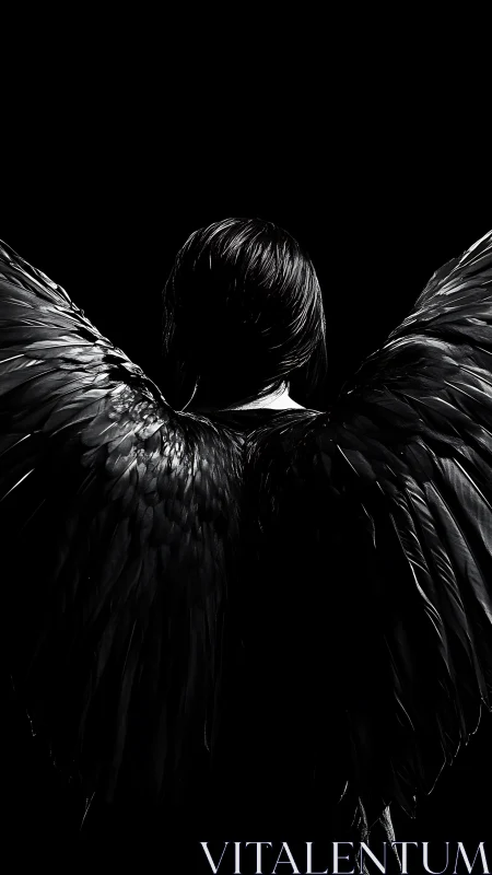 Back view of human figure with large black feathered wings