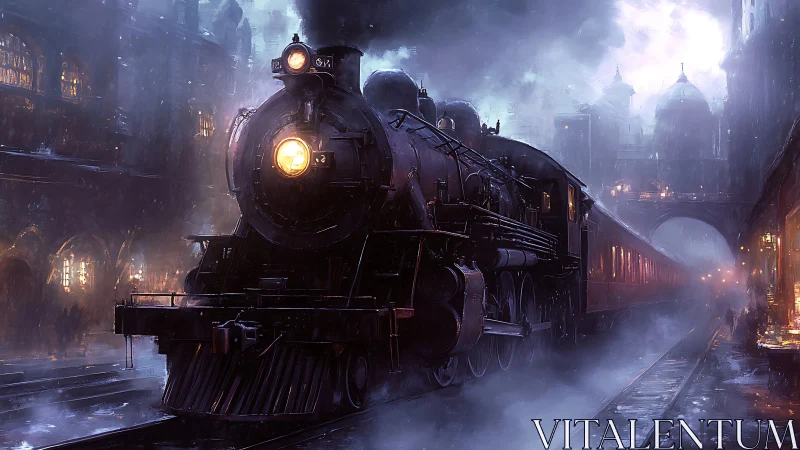 Digital painting of nocturnal steam train in mist-laden terminal.