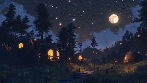 Cozy moonlit forest cabins glowing beneath a starry sky.