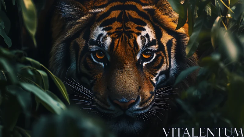 Close frontal view of tiger face framed by dense foliage.