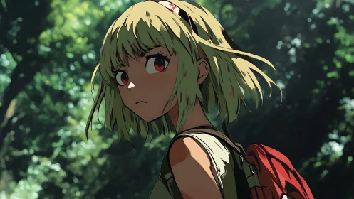 Anime hiker girl with red backpack in dense forest setting.