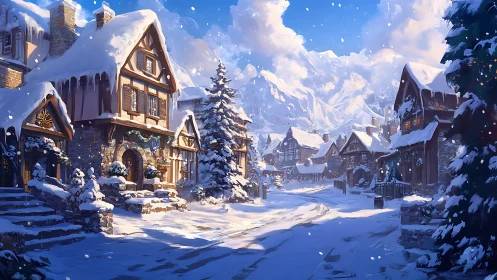 Snow-covered mountain village street in winter daylight.