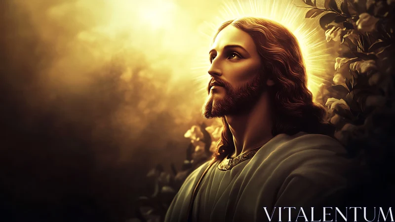 Digital portrait depicts haloed male figure in radiating light