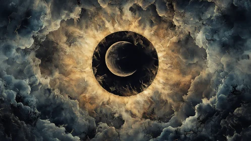 Lunar eclipse disc framed by turbulent nebular storm clouds