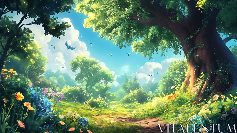 Enchanted Forest Pathway: Luminous Digital Landscape.