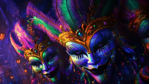 Neon carnival masks with jeweled crowns in night parade.