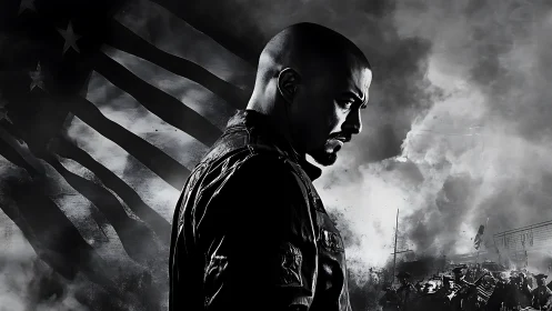 Militarized profile silhouette amid turbulent battle smoke.