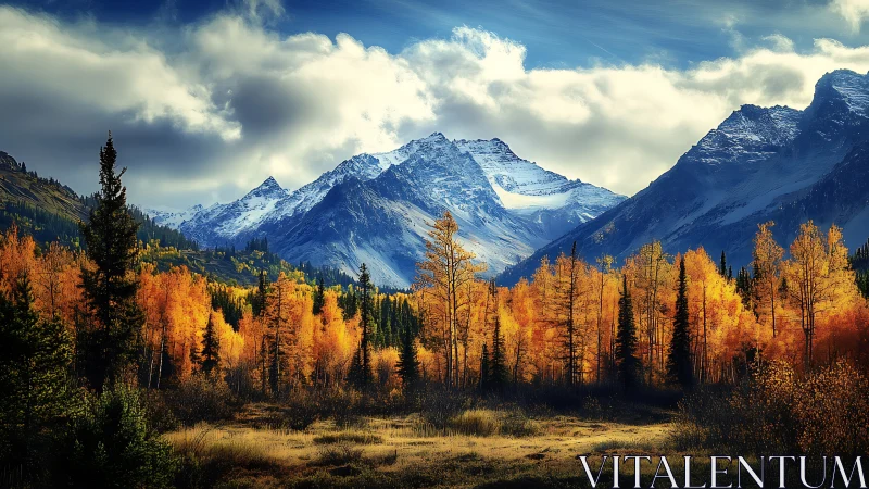 Autumn gold ignites beneath brooding snowcapped giants.