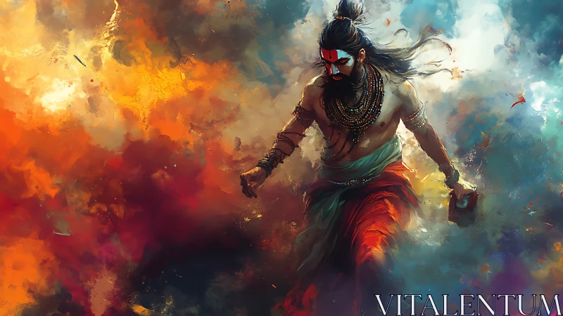 Mythic warrior figure in dynamic cloud and fire scene.