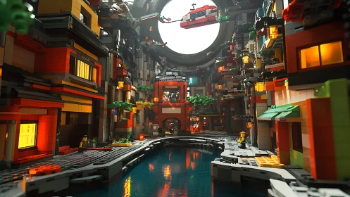 Cyberpunk Cityscape: Neon-Lit Canal in Rendered Urban District