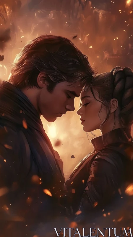 Intimate Moment: Digital Portraiture with Fiery Atmospheric Rendering.