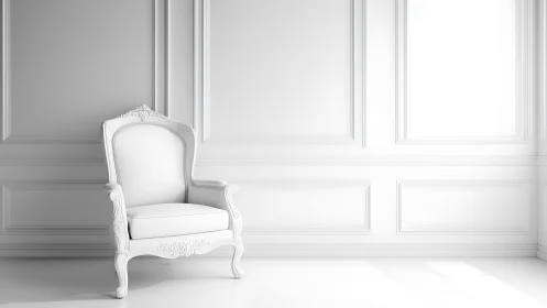 Ornate white armchair rests in a bright neoclassical interior
