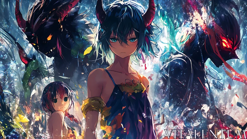 Anime demon children with elemental horned guardians, triptych composition.