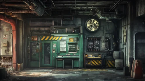 Industrial control room with retro sci fi consoles and pipes.