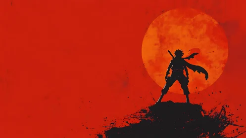 Silhouetted ninja warrior against oversized blood-red sun field.