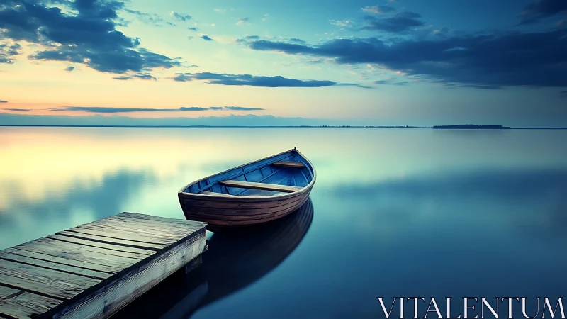 Solitude Rowboat Adrift in Glassy Blue Evening Calm.