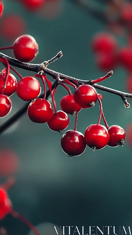 Red berry clusters hang on thin branches against soft blur