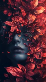 Surreal blue female portrait obscured by red blossoms.