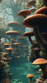Towering bioluminescent mushrooms rise above a turquoise forest river