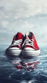 Red canvas sneakers poised above reflective water surface.